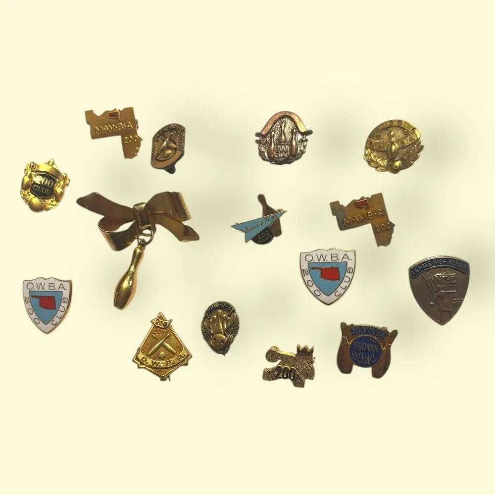 Vintage Bowling Lapel Pin Lot of 15 • 200 Club Awards OWBA WIBC Sooner Bowl
